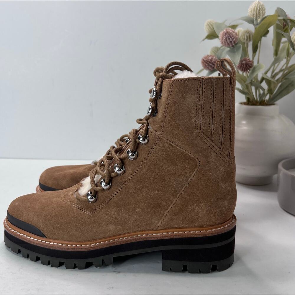 Marc Fisher Izzie Lugsole Combat Ankle Boot Tan Shearling Accents Women's 6M